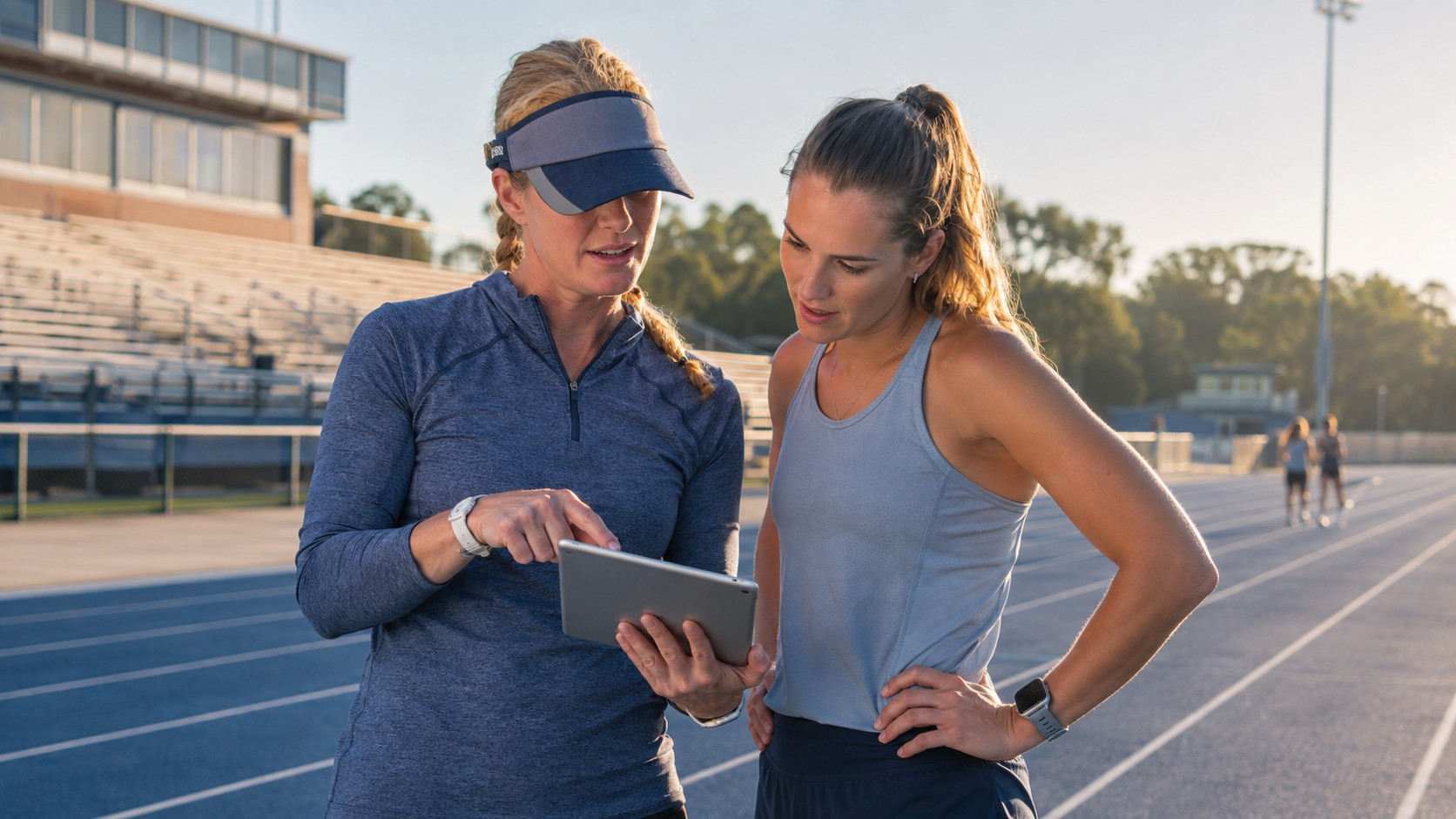 A coach reviewing training data on a tablet with an athlete trackside