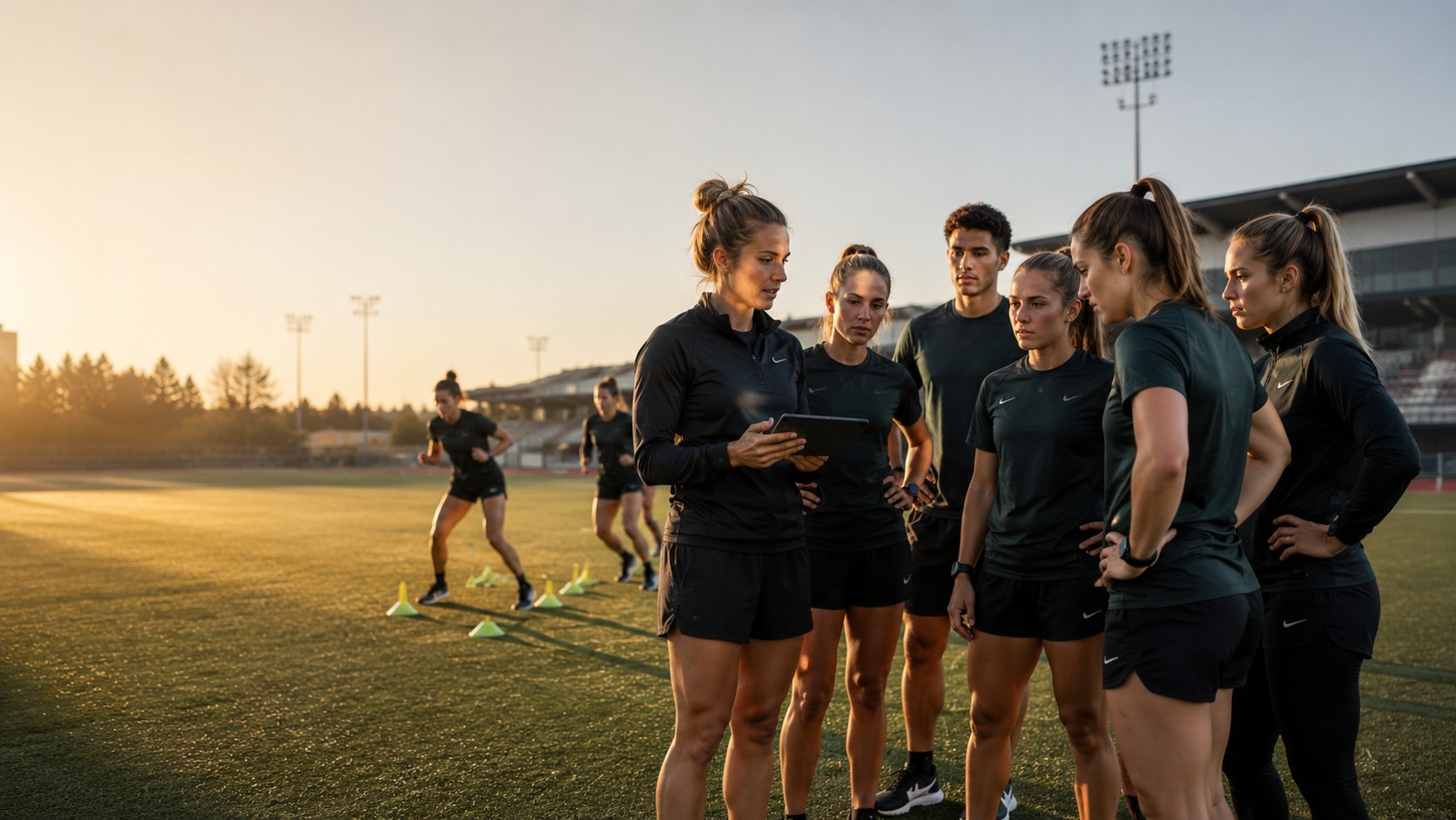 A coach reviewing training data with the team, athletes running drills behind